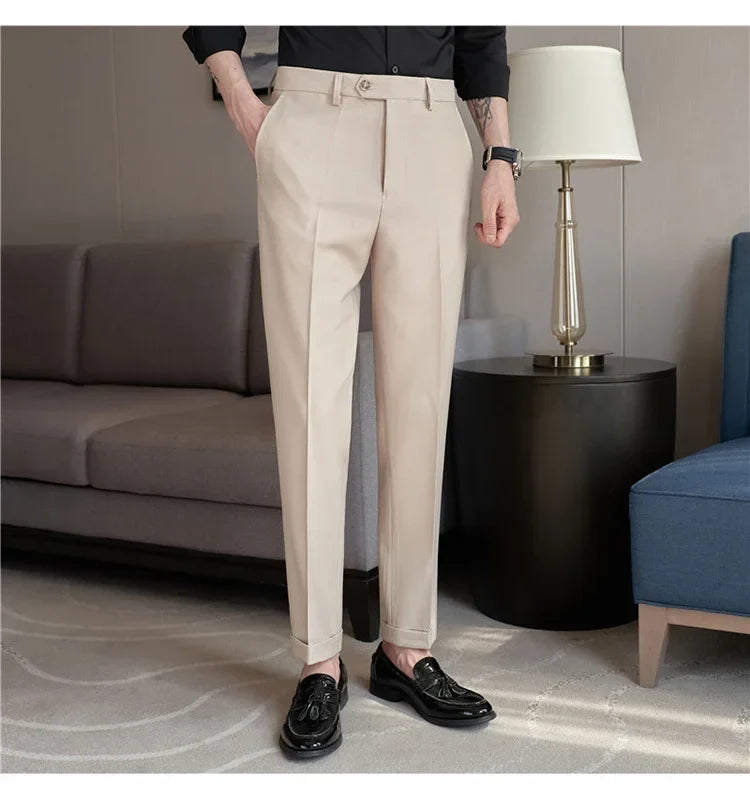 2024 New Men's Slim Fit Tapered Dress Pants Apricot Pearlescent Texture Business Casual Suit Trousers Spring Clothes
