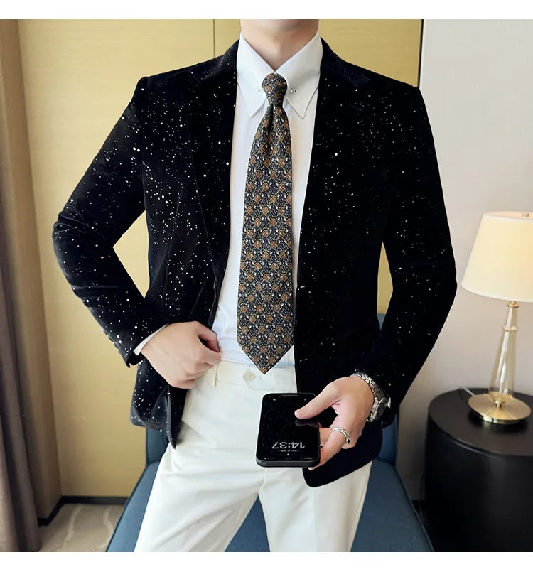 High Quality Velvet Bronzing Suit Coats Mens Sparkle Elegant Slim Business Suits Jacket Homme Formal Social Prom Party Tuxedos