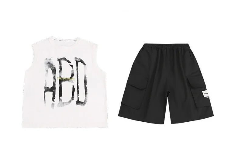 Summer Boys Cotton Sleeveless Alphabet T-Shirt Tops+Shorts Workout Sets School Kids 2PCS Tracksuit Child Jogging Outfits 5-16 Yr