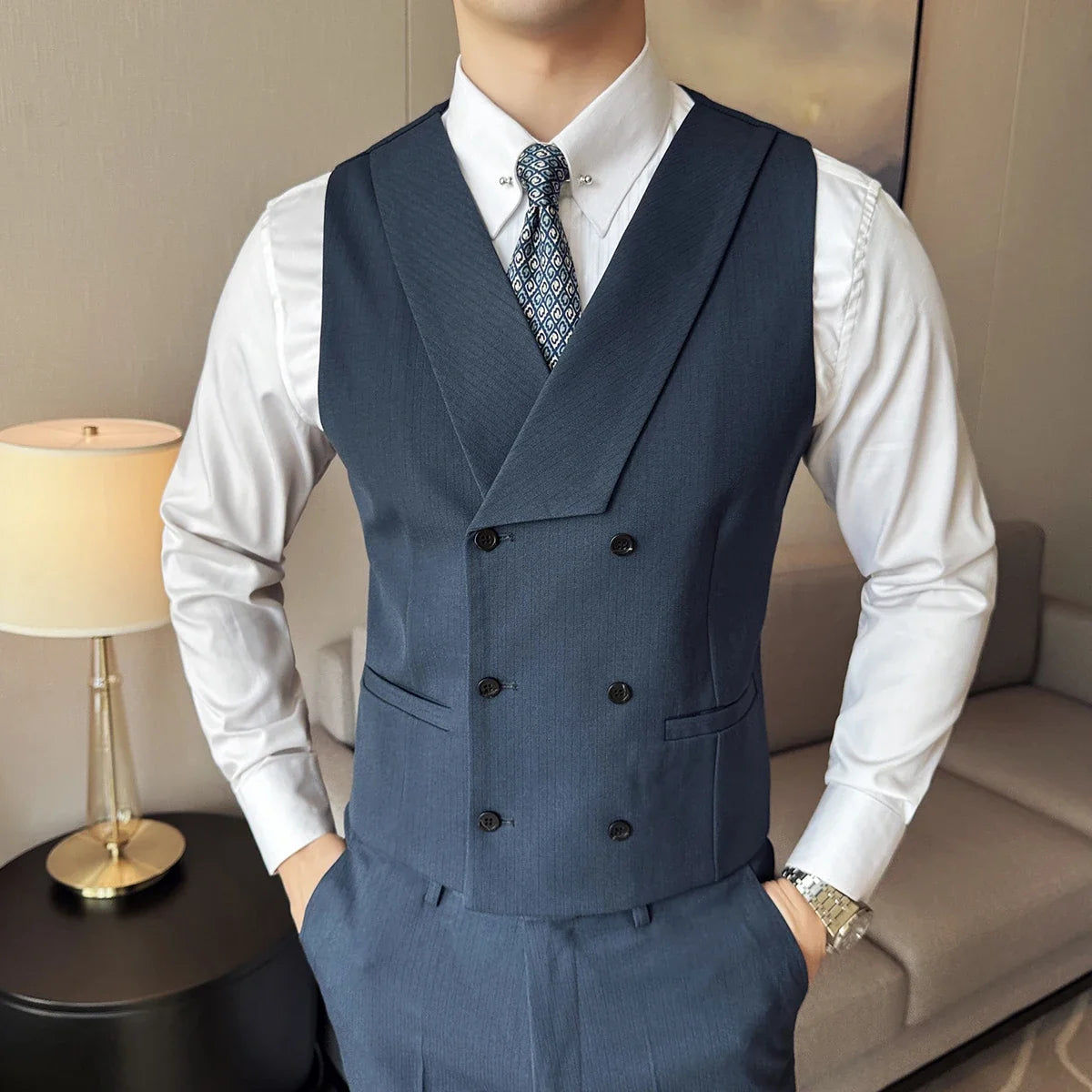 ( Vest + Pants) Double Breasted Stripe Suit Vest With Pants New Men Fashion Slim Business Casual Wedding Dress Vest 2 Pcs Sets