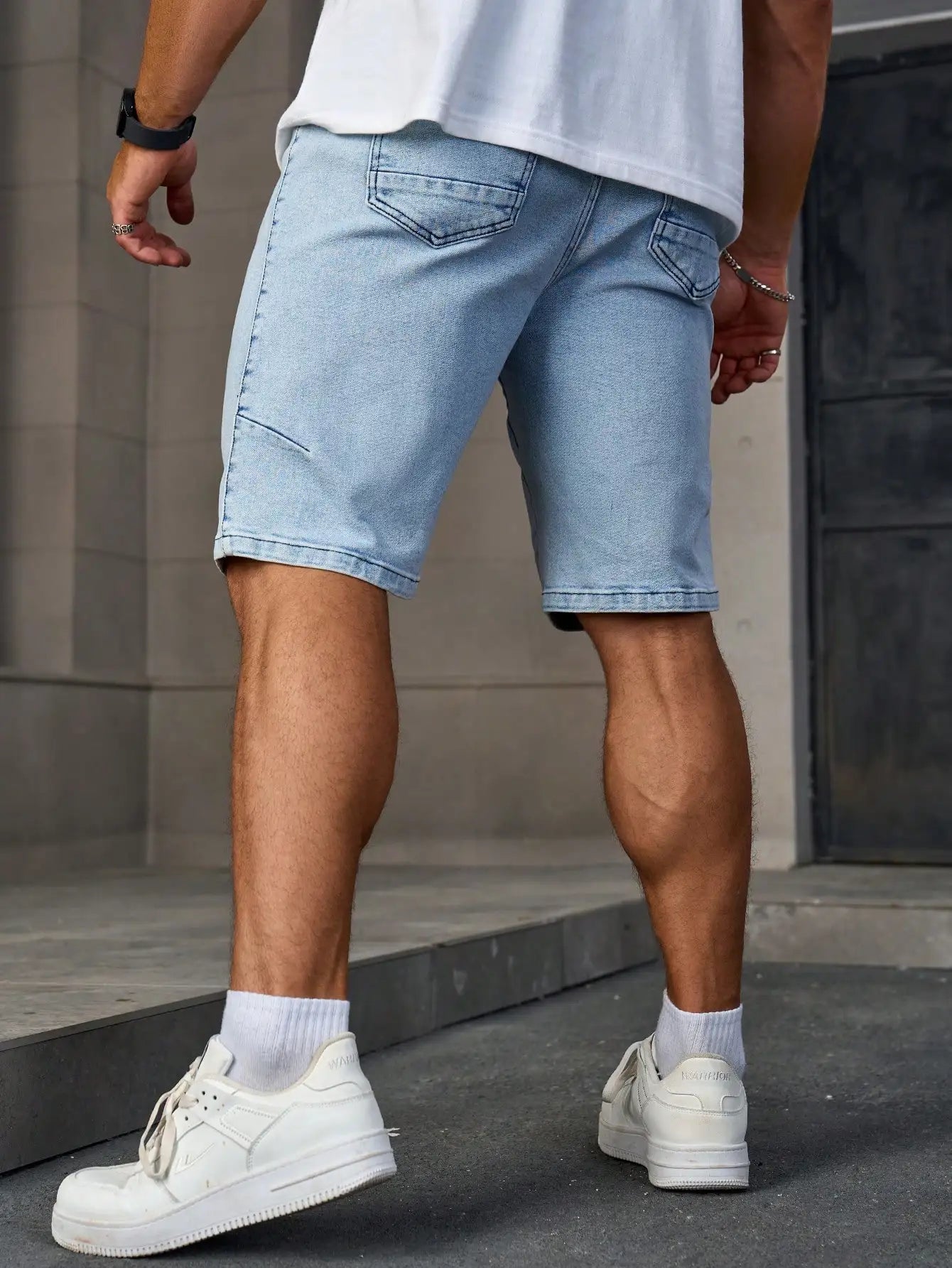 Men's Summer Denim Shorts. Light Blue Elastic-Waist Denim Shorts. Drawstring Design. Daily Casual Trend.