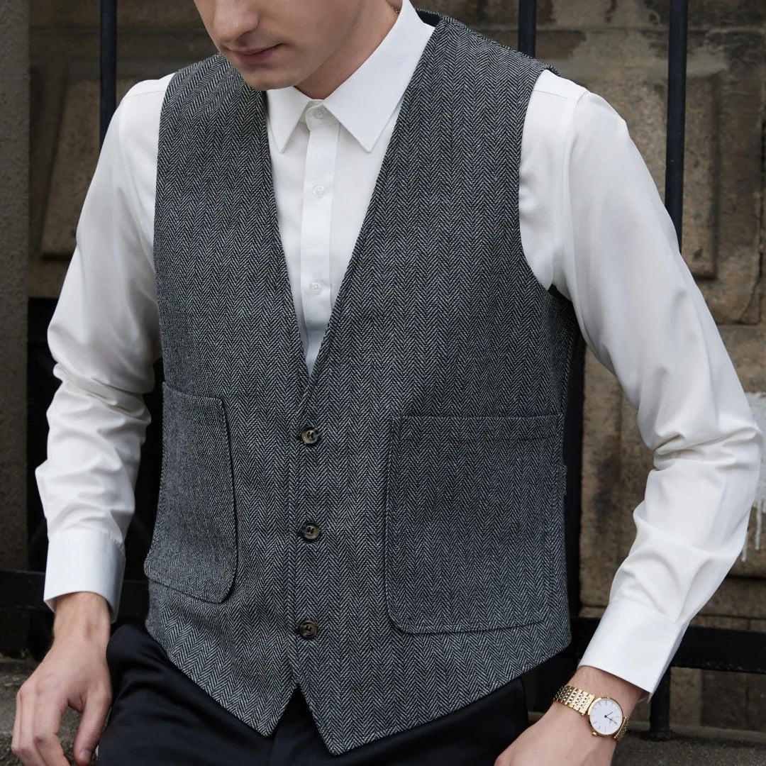 Men Vest Gray Herringbone V Neck Single Button Waistcoat For Wedding Prom Business Casual Formal Daily Office Work Men Suit Vest