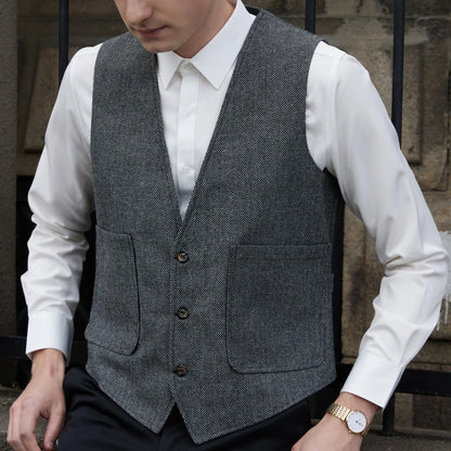 Men Vest Gray Herringbone V Neck Single Button Waistcoat For Wedding Prom Business Casual Formal Daily Office Work Men Suit Vest