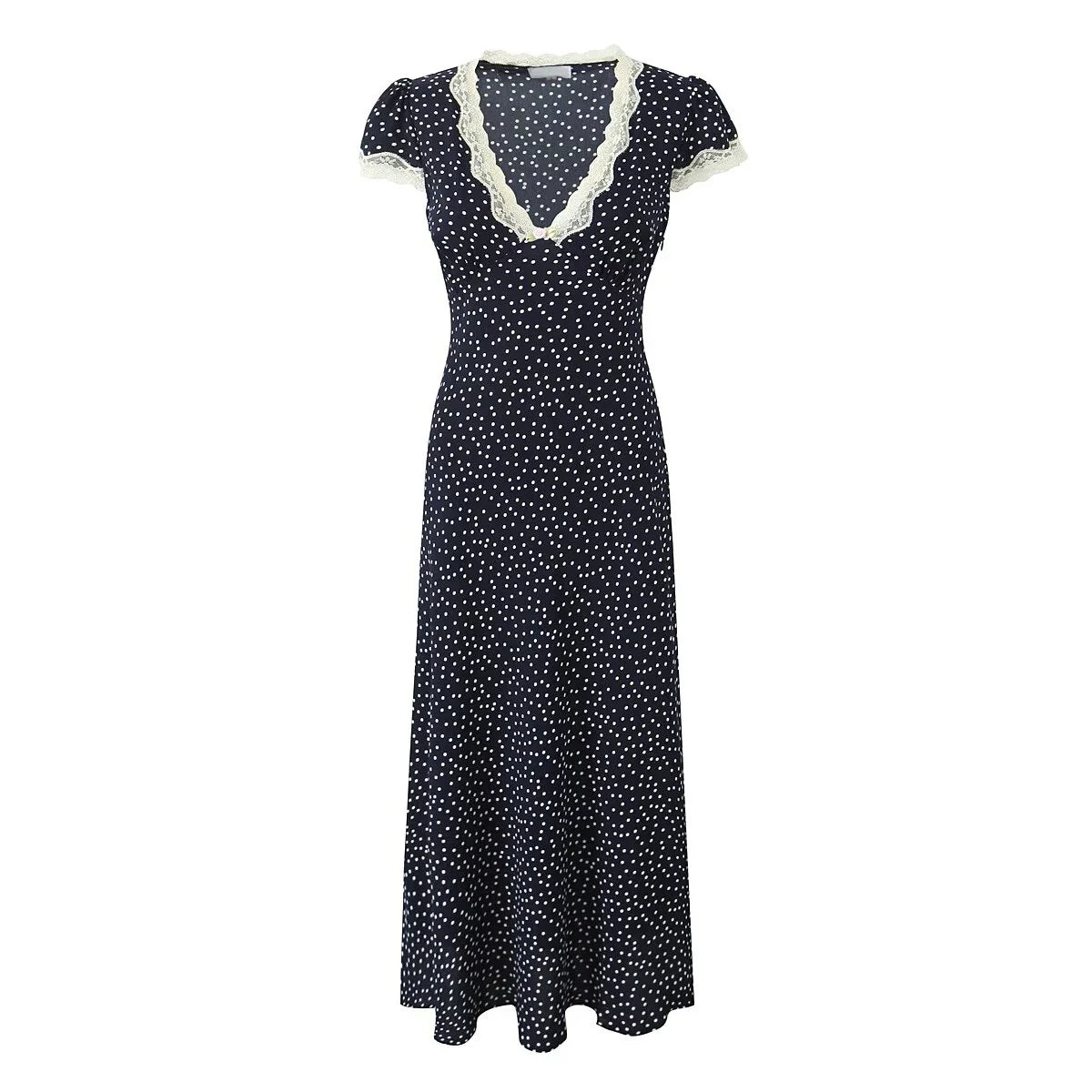 2025 Women Navy Blue Polka Dot Long Dress Lace Trim V Neck Short Sleeve A-line Elegant Holiday Dresses Summe Maxi Robe