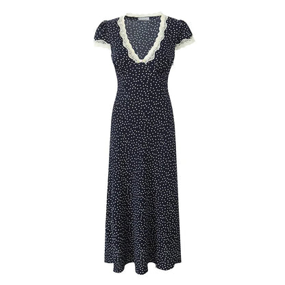 2025 Women Navy Blue Polka Dot Long Dress Lace Trim V Neck Short Sleeve A-line Elegant Holiday Dresses Summe Maxi Robe
