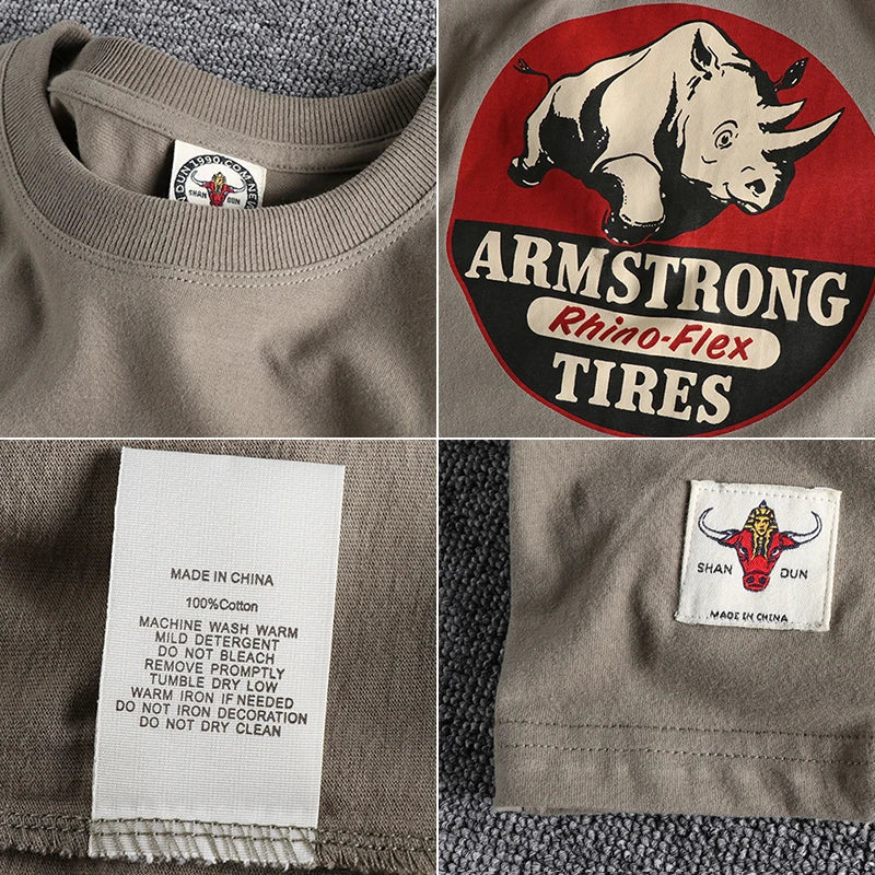Summer New American Retro Short-sleeved O-neck Rhino Printed T-shirt Men's Fashion Simple 100% Cotton Washed Casual Sport Tops