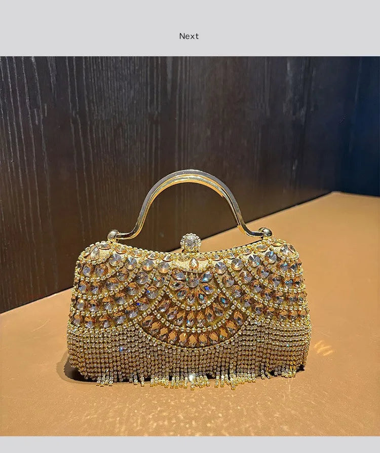 Diamond Evening Clutch Bag Golden Tassel Handbag Boutique Novelty Metallic Rhinestone Purses And Handbags Bridal Wedding Party
