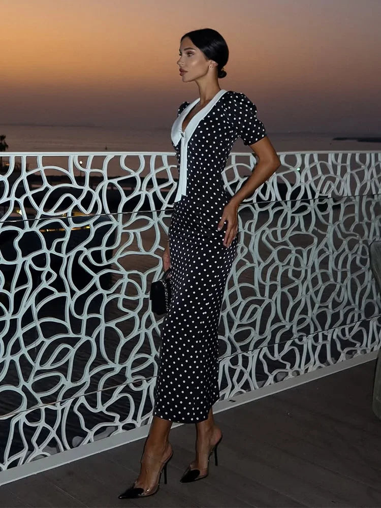 Dot Patchwork Hip Wrap Short Sleeve V Neck Elegant Women Dresses Sheath Fashion Sexy Club Bodycon Female Vestidos Robes