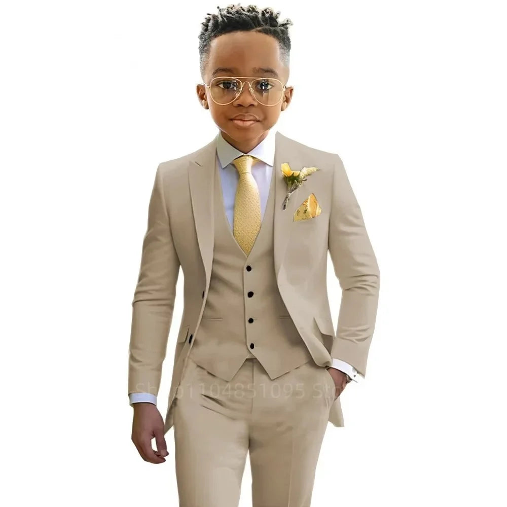 Stylish Boys Suit Wedding Tuxedo Solid Peak Lapel Jacket Vest Pants Party Prom 3 Piece Set Kids Formal Outfit 2-18 Years Old