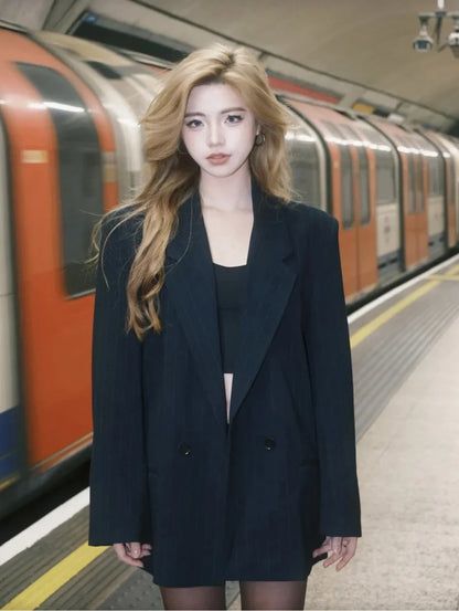 Fall/Winter 2025 New  Women's Street Fashion oversized pinstripe shoulder-padded loose suit jacket for women