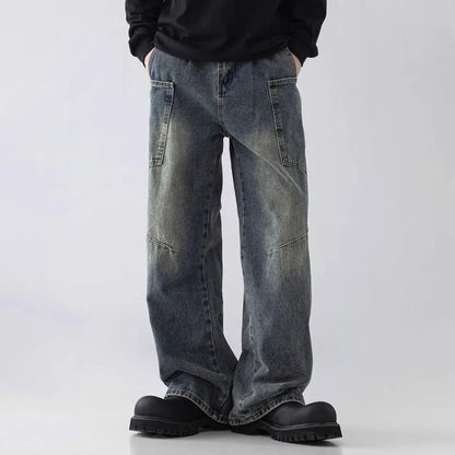 Korean Style Large Pocket Workwear Jeans Retro Blue Men'S Baggy Jeans Straight Leg Pants Casual Wide Leg Pants Casual Pants