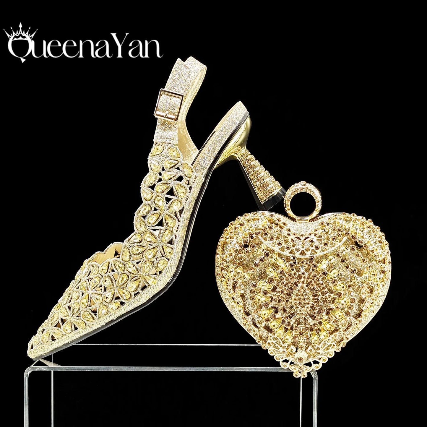 Fashion Design Heart Shape Three-Dimensional Hard Bag and Sexy Stiletto Shoes Shiny Rhinestones