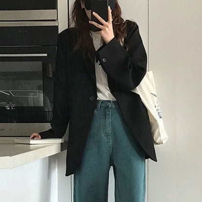 Eye Catching Women's Black Oversized Single Button Solid Wear To Work Casual Blazer Spring Autumn Jacket Influencer Korean Style