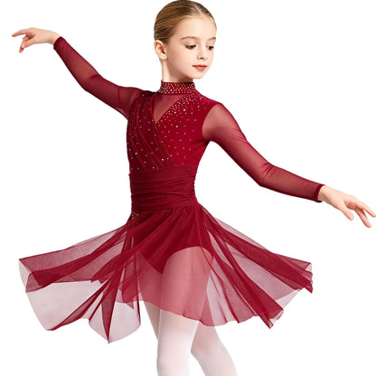 Kids Girls Gymnastics Figure Skating Ballet Lyrical Dance Costume Dress Side Split Sheer Mesh Ruched Glittery Rhinestones Dress