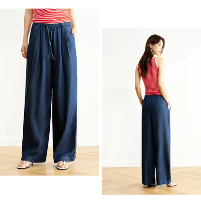 Elastic Waist Denim Pants Women Draped Fit 2025 Summer New Cooling Wide Leg Trousers