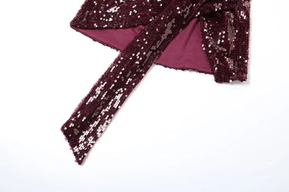 Coquettish Shiny Sequins Dress Women Halter Scarf+Sexy Deep V-Neck Backless Sleeveless Ruched Ribbon Club Hottie Outfits