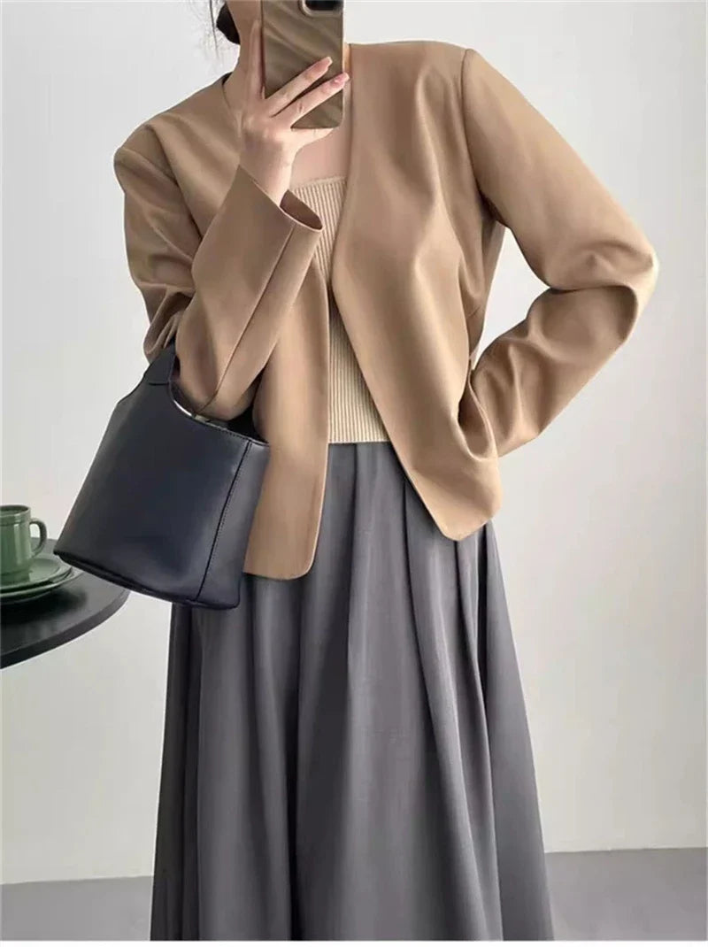 2025 Spring Autumn Fashion New Women's Suit Jackets Solid Short Coats Korean Blazers Long Sleeve Cardigan Coat Without Placket