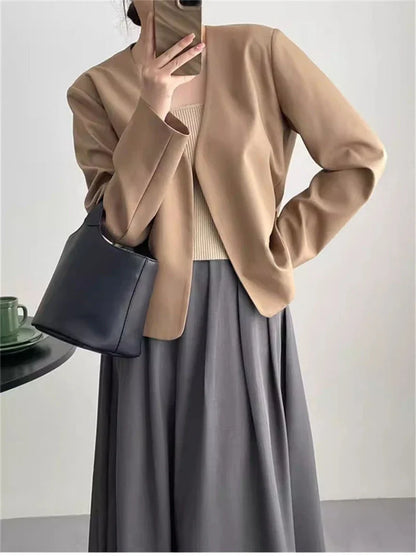 2025 Spring Autumn Fashion New Women's Suit Jackets Solid Short Coats Korean Blazers Long Sleeve Cardigan Coat Without Placket