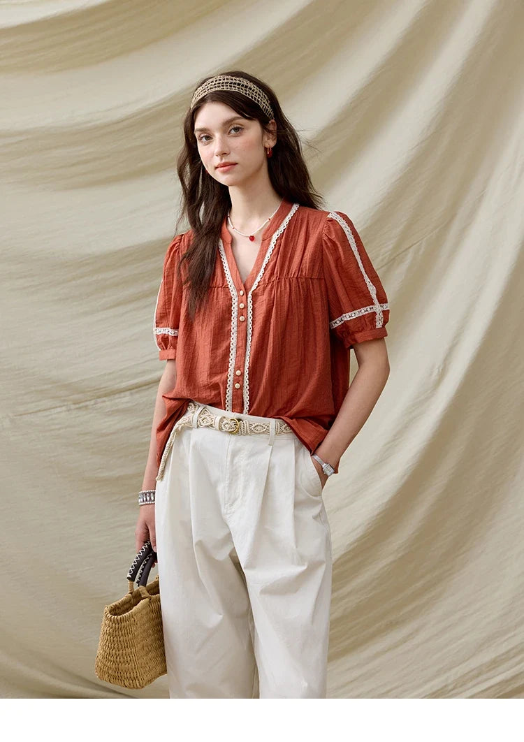 French New Blouses Women Summer New 2025 Short Sleeve V-neck Color Matching Shirts Female Fashion Lazy Style MXE31X1766