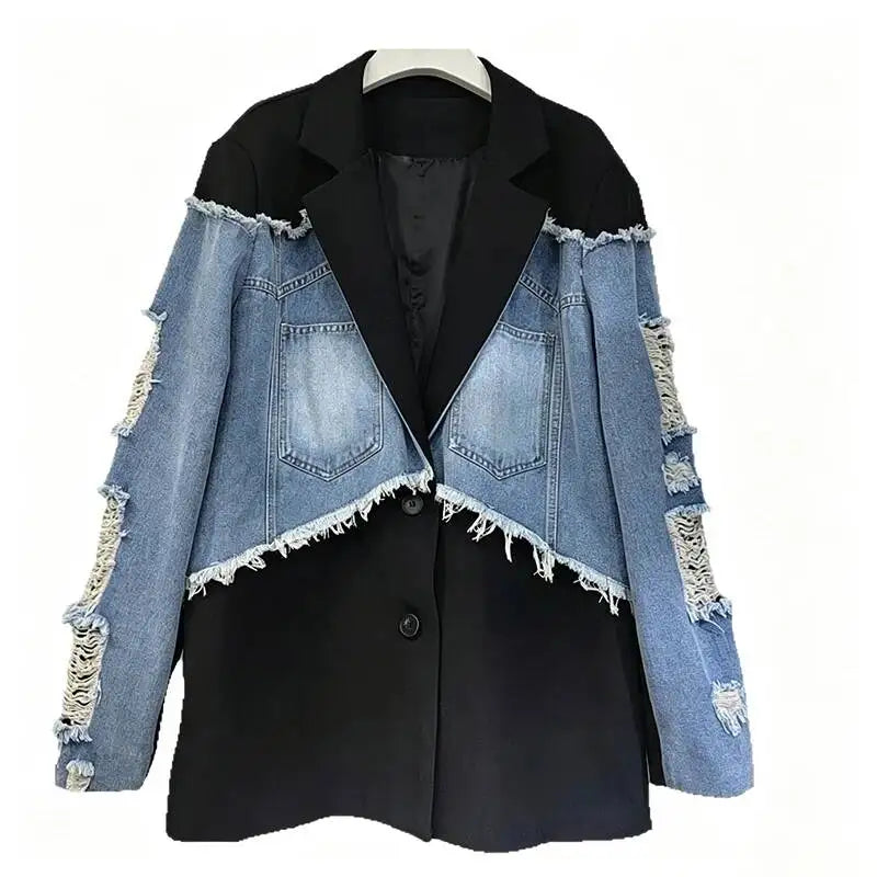 2026 Autumn Elegant Style Faux Two-piece Suit Jacket For Women Raw Edges Ripped Denim Patchwork Loose-fit Blazer 29A9124