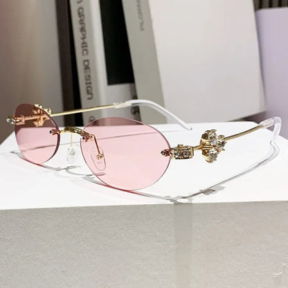 Women's Fashion Glasses Exquisite Diamond Decoration Sunglasses Oval Shaped Frame Cut Edge Frameless Small Outdoor Sun Glasses