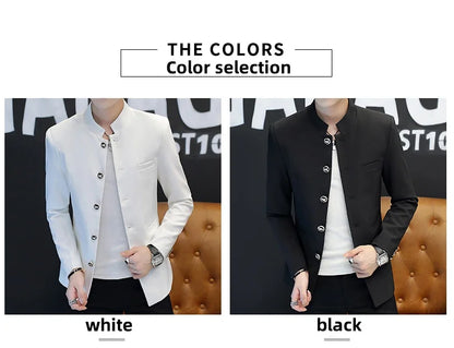 2024 Men's Slim Fit Long Sleeve Casual Suit Korean Trend Stand Collar Fashion Handsome Male Suit