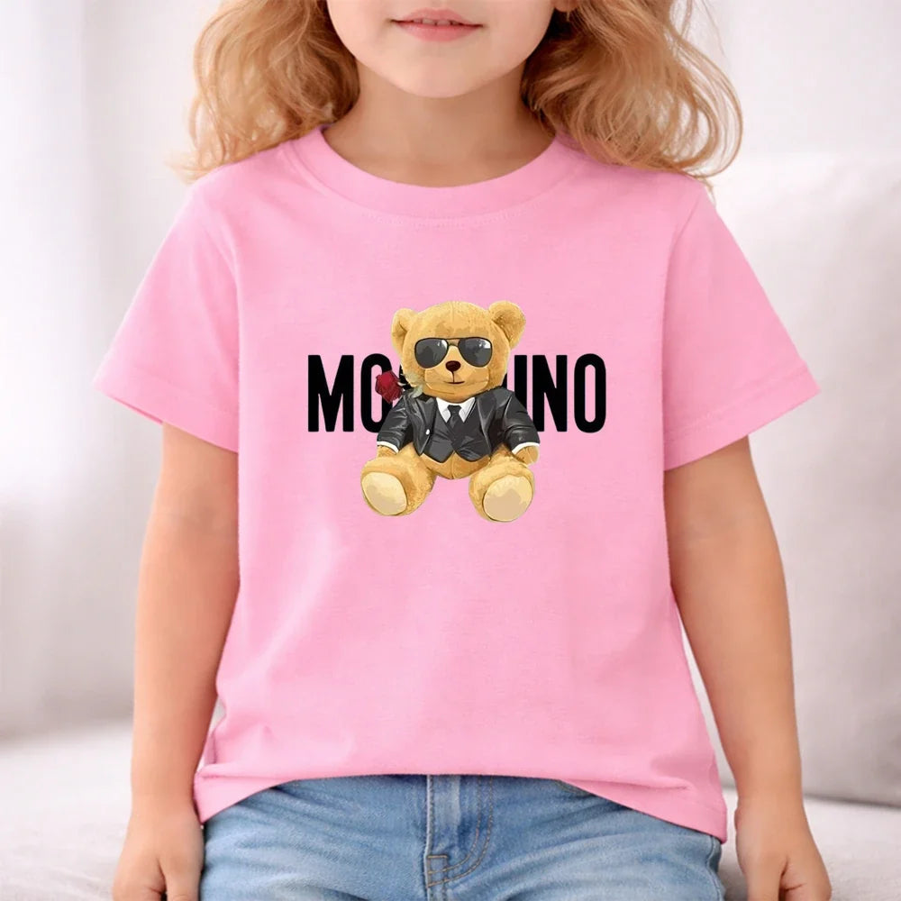 Fashion Letter Bear Print Children Summer Clothing Tshirt+Shorts Black Boy Girl Red Toddler 3-12Yrs Leisure Short-Sleeved Set
