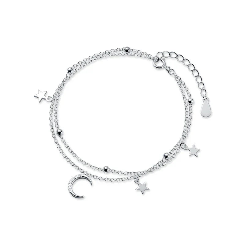 Silver Luxury Double Layer Stars Moon Sparkling Bracelet 925 Sterling Silver Chain Adjustable Bracelets For Women Jewelry