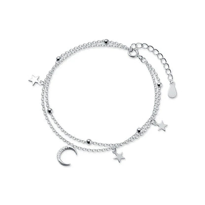 Silver Luxury Double Layer Stars Moon Sparkling Bracelet 925 Sterling Silver Chain Adjustable Bracelets For Women Jewelry