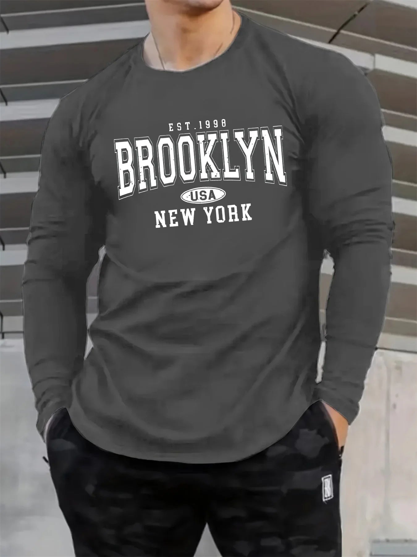 Men's 100% pure cotton loose and comfortable casual sports Brooklyn letter printed round neck long sleeved T-shirt top
