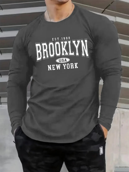 Men's 100% pure cotton loose and comfortable casual sports Brooklyn letter printed round neck long sleeved T-shirt top