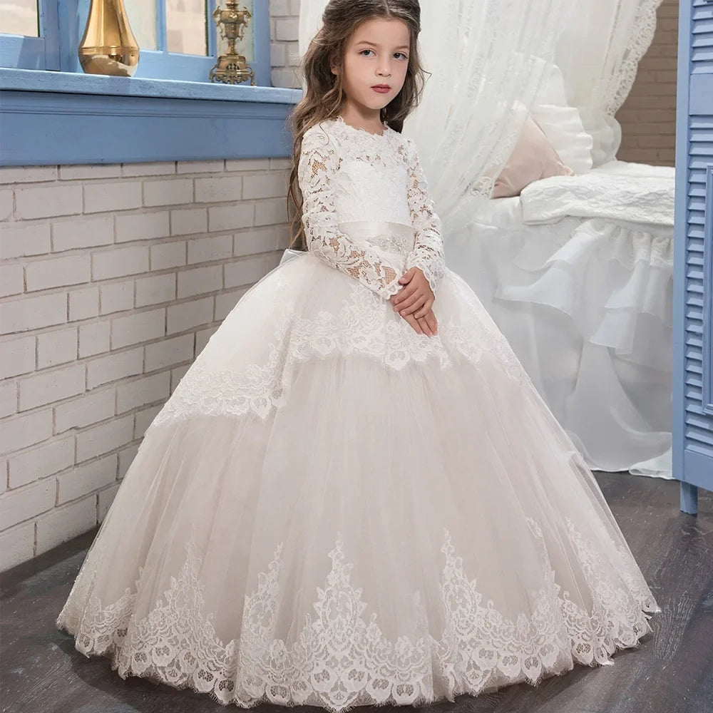 Sweet Lace Flower Girls Dresses Long Sleeves O Neck Formal Dress For Little Girls Wedding Guest Gown Birthday Party Dresses