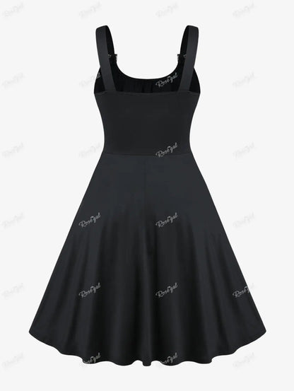 Plus Size Gothic Buckled Lace Up Midi Dress High Waist Sweetheart Neck Asymmetrical Half Zip Sleeveless Party Punk Dress