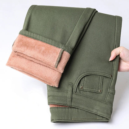 Winter New Cotton Fleece Jeans Men's Fit Straight Warm Plus Velvet Denim Pants Fashion Warm Soft Elasticity Casual Trousers
