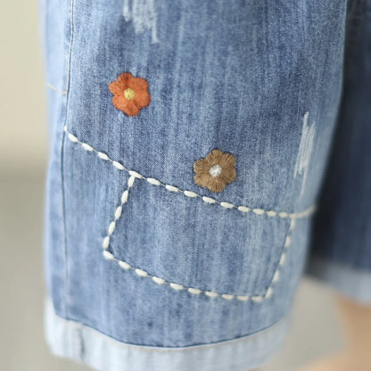 Embroider Shorts Jean For Women Summer Japanese Style Ethnic Elastic Waist Blue Flowers Embroidery Denim Shorts y2k