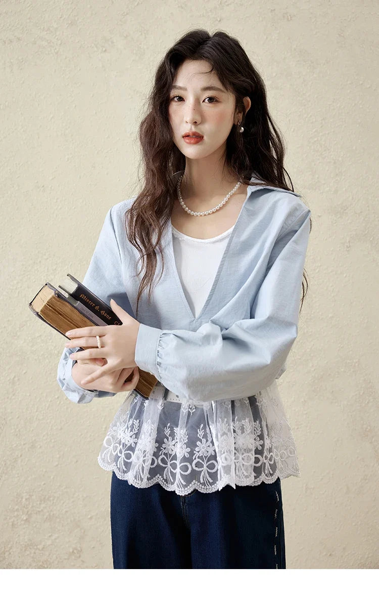 French Spring Shirts Women 2025 Long Sleeve Turn-down Collar Fake Two-piece Blouses Female Splicing Lace Tops MXE16C0783