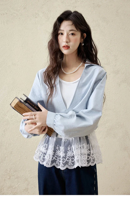 French Spring Shirts Women 2025 Long Sleeve Turn-down Collar Fake Two-piece Blouses Female Splicing Lace Tops MXE16C0783