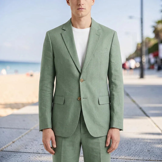 Sage Green Linen Men Suits for Prom Party 2 Pieces Slim Fit Wedding Suit Notched Lapel Jacket with Pants Summer Beach Set