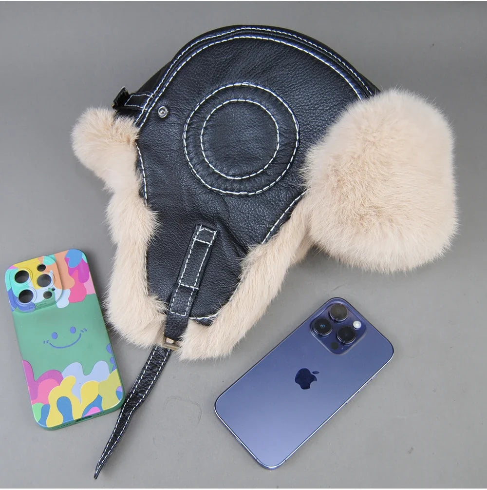 Hot Sale Winter Women's 100% Real Rabbit Fur Bomber Hat Ushanka Cap Trapper Russian Woman Ski Hats Caps Real Sheepskin Leather