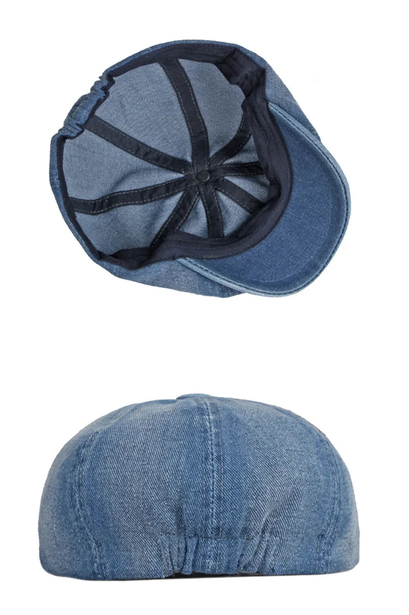 Men's Octagonal Hat Casual Solid Eight-blade Berets Washed Denim Newsboy Cap Women Painters Hat Peaked Herringbone Flat Cap