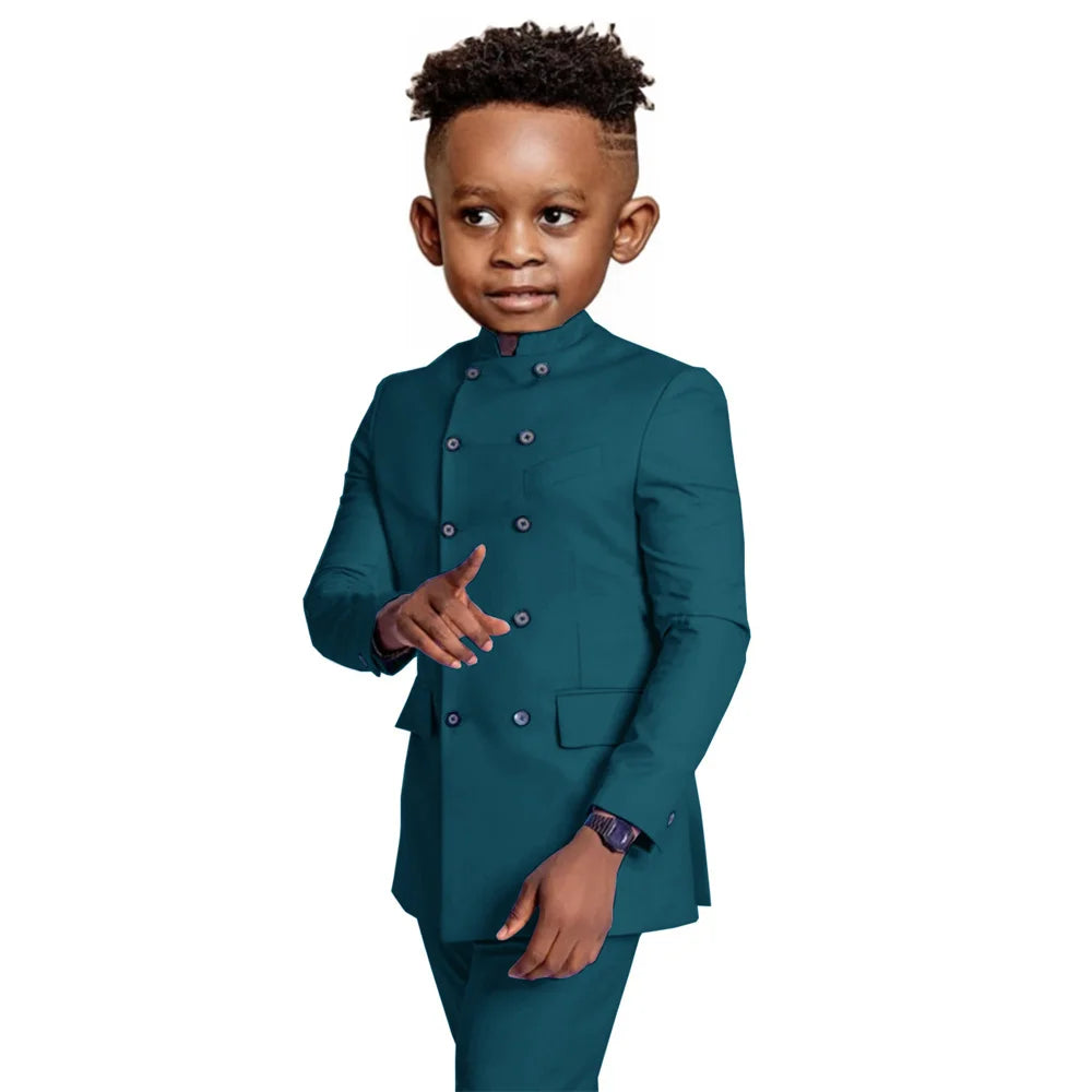 Stylish Elegant Boys Stand-up Collar Suits 2 Pieces Jacket Pants Formal Party Wear Double Breasted Kids Suit Set 2-20T
