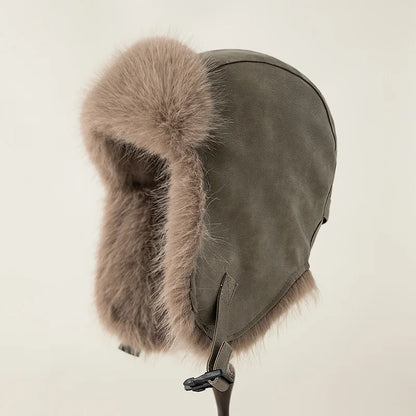 Women Winter Windproof Cold Proof Hat Man Warm Leather Pilot Hats Adult Long Fur Ear Protection Cap