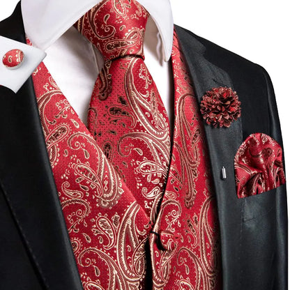 Luxury Mens Vests Black Gold Floral Jacquard Waistcoat Tie Hanky Cufflinks Brooch Set for Men Suit Wedding Office XL