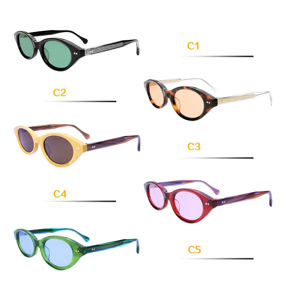 Vintage Oval Sunglasses Women Luxury Silver Carved Temples Acetate Sun Glasses Retro Small Frame Black Shades UV400