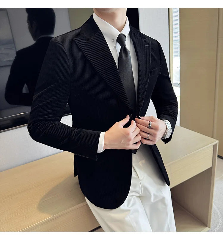 Stripe Suit Jacket For Men Autumn Winter Business Slim Fit Tailcoat Formal Wedding Party Fashion Casual Suit Coat 4XL-M