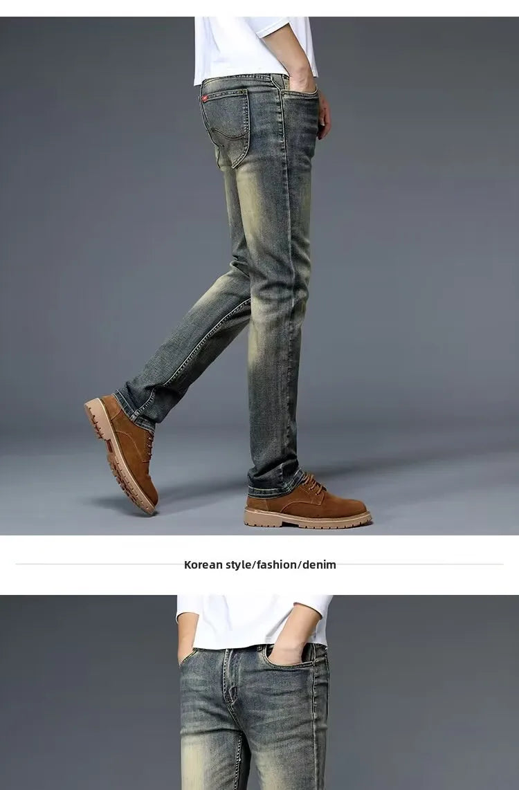 High-End Retro Men's Straight Leg Stretchy Jeans Fashionable Urban Casual Long Trousers Spring Autumn Cotton Stretch Denim