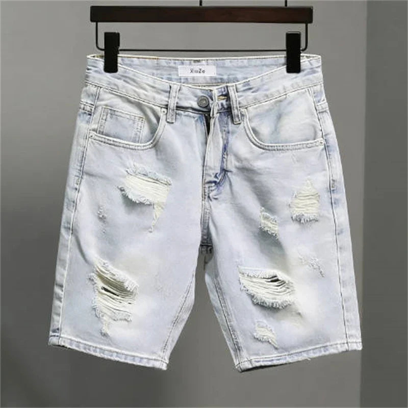 2026 Mens Summer Distressed Denim Shorts Baggy Casual Ripped Jeans Straight Leg Five Inch Shorts Streetwear Loose Fit