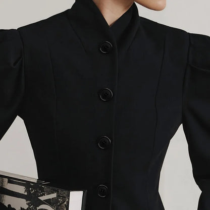 French Style Elegant Retro Stand Collar Black Suit Autumn Winter New Temperament Commute Puff Sleeve Slim Female Coat Tops Trend