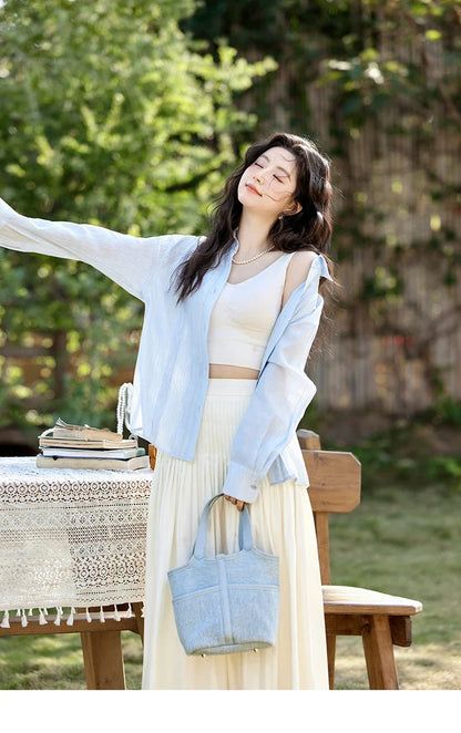 Solid Loose Fit Shirt for Women Spring 2025 Dropped Shoulder Long Sleeved  Top Casual Turn-down Collar Shirts MXE13C0405