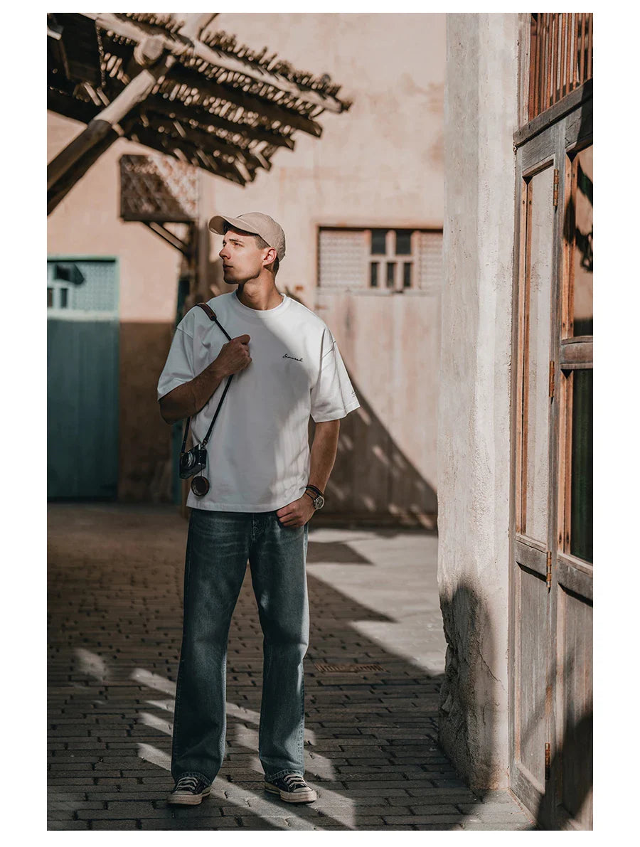 2026 Summer New Super Loose Heavyweight 320gsm 100% Cotton Washed Vintage T-shirts Men Plus Size Logo Embroidery Tops